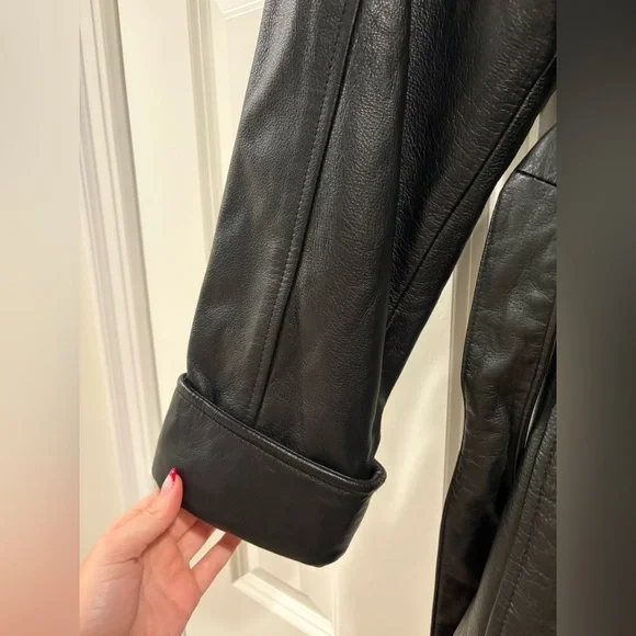 Long Leather Coat with Belt Size XL EUC Black - Picture 3 of 6